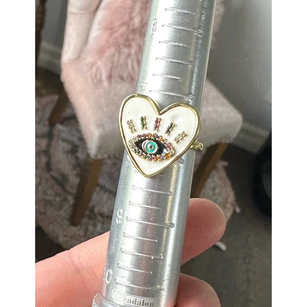 Heart Shaped Eye Ring with Colorful Enamel Accents & Rhinestone Accents